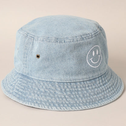 Smiley Face Embroidered Adult Denim Bucket Hat