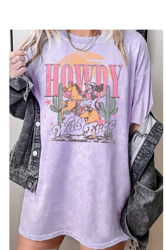 Western Oversized Garment-Dyed Lavendar Women's Graphic T-Shirt