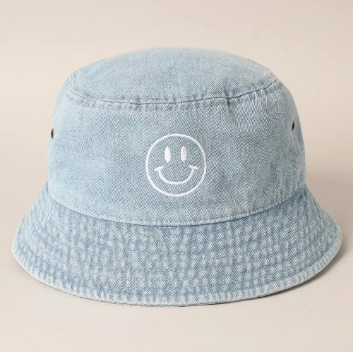 Smiley Face Embroidered Adult Denim Bucket Hat